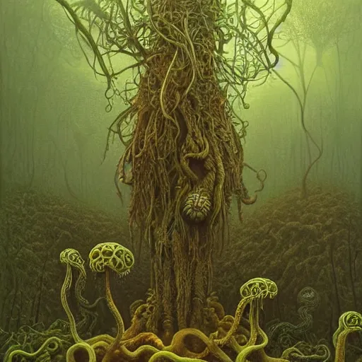 Image similar to a hyperrealistic painting of a tentacled alien lifeform in the middle of an alien jungle, bioluminescent plants, by john kenn mortensen and zdzislaw beksinski, highly detailed, vivid color,