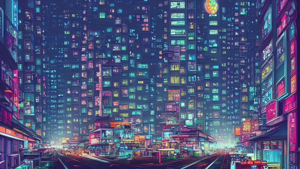 Prompt: street level view looking down the street road of futuristic hong kong city at night by cyril rolando and naomi okubo and dan mumford and ricardo bofill. advertisements. neon. tower blocks.