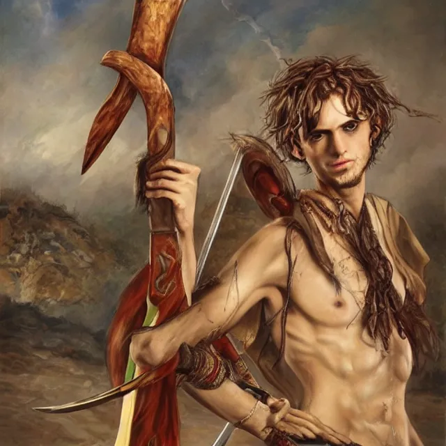 Prompt: highly detailed realistic painting of lanky disheveled artist sorcerer holding scimitar in arabian surroundings