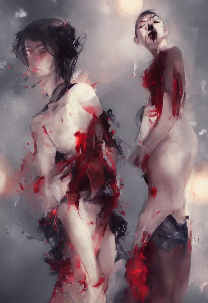 Prompt: full body portrait of a duo of 1 9 years old girl figures, messy hair, oriental tattoos, subjects wearing savile row menswear, beautiful, dramatic, cinematic lighting, few fire red highlights, visible brushstrokes, by ross tran and jeremy mann and guweiz, oil on canvas, artstation, pixiv