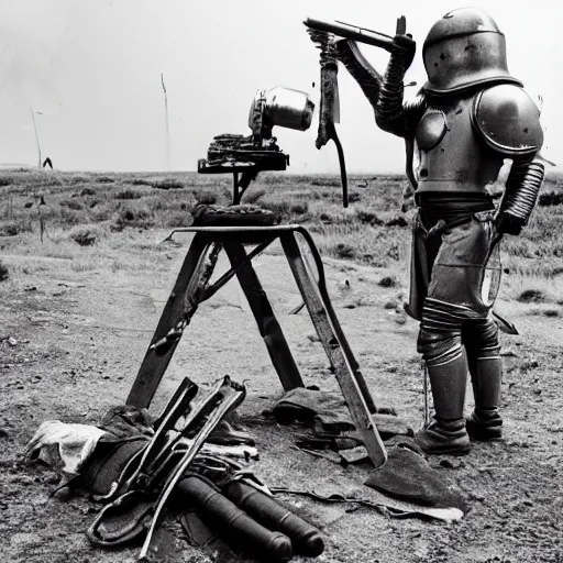 Image similar to wide angle photo of viking wearing space suit helmet and viking armor working on the antigravity gun ancient device, tools and junk on the ground,wires and lights, old village in the distance, vintage old photo, black and white, sepia