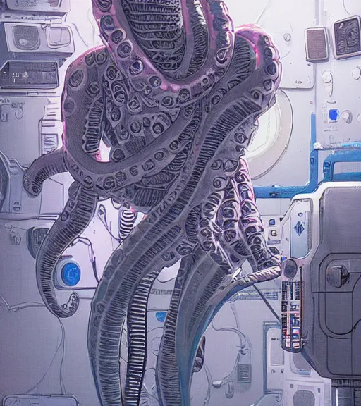 Image similar to a cybernetic realistic octopus in a space station, techwear, Industrial Scifi, detailed illustration, character portrait, by Martin Grip and Moebius