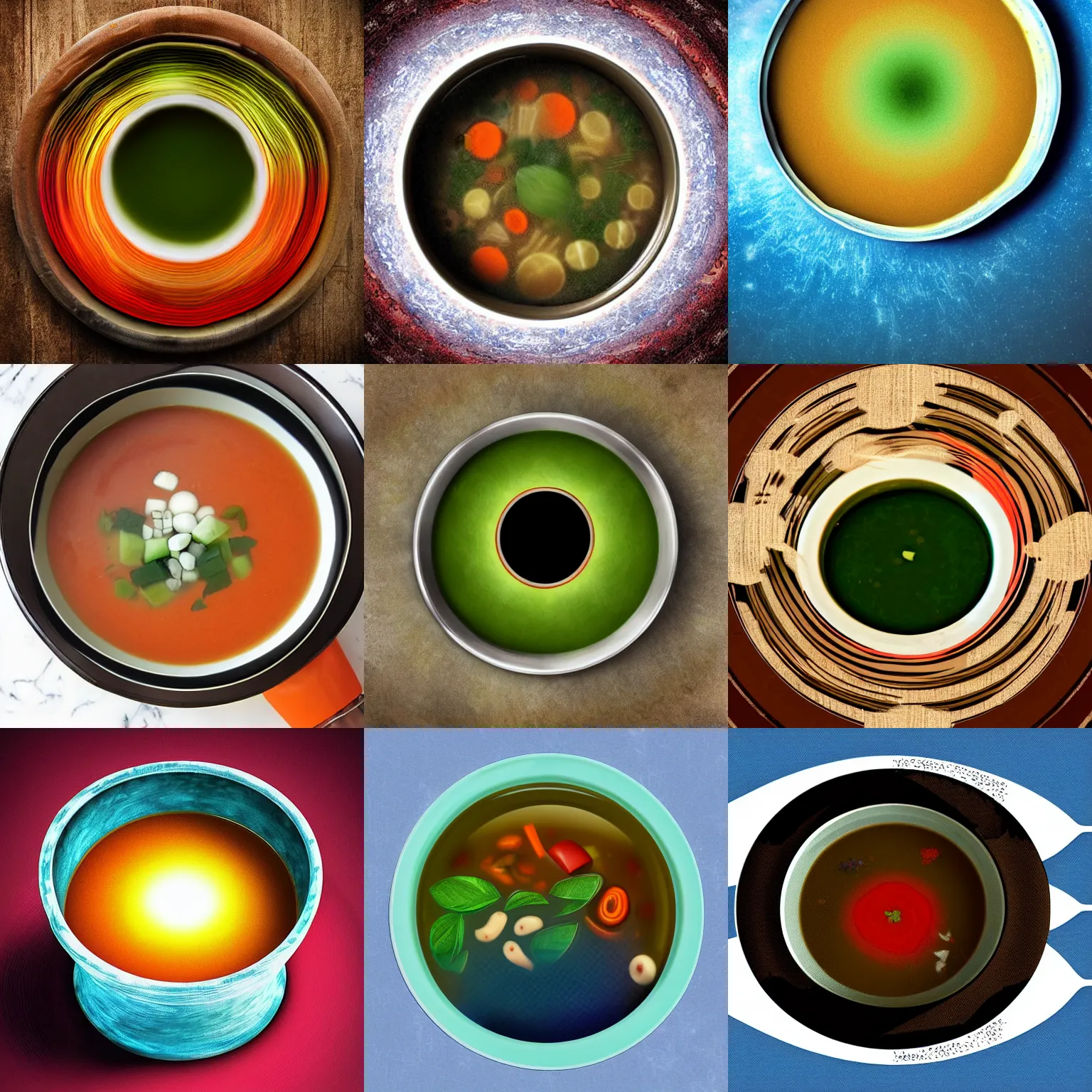 Prompt: a bowl of soup that is a portal to another dimension as digital art