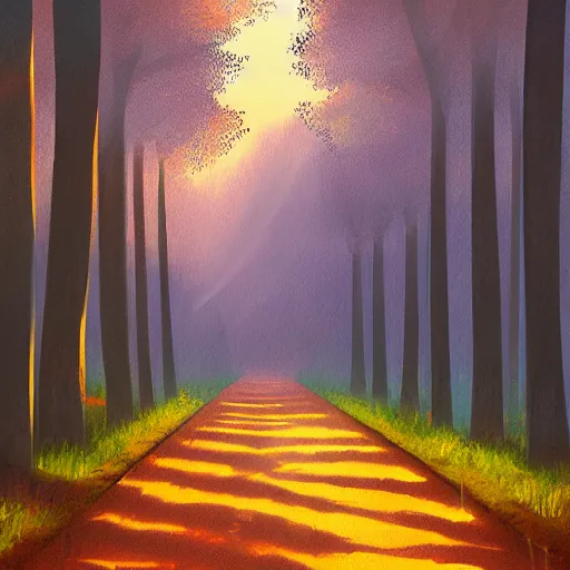 Image similar to tree-lined path at sunset, by Aenami Alena