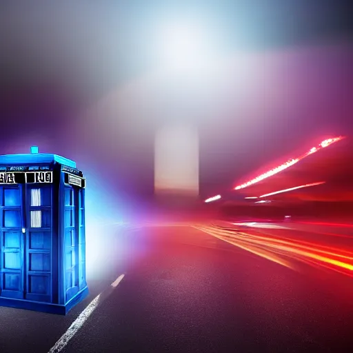 Image similar to a hyperdetailed photograph of the tardis sat on a futuristic street corner, night, dense fog, rain, hd, 8 k resolution