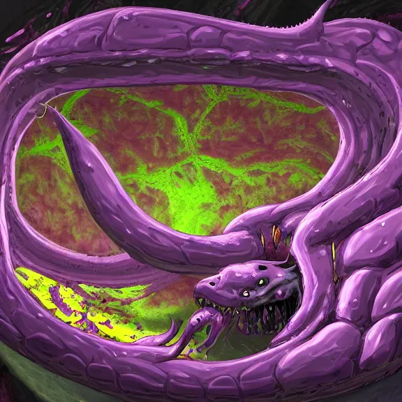 Image similar to detailed shot of inside a cavernous living stomach, the walls purple and pulsing, lots of acid pooling up on the floor, digesting and dissolving a small dragon, food pov, micro pov, vore, digital art, furry art, anthro art, high quality, 8k 3D realistic, macro art, micro art, Furaffinity, Deviantart, Eka's Portal, G6