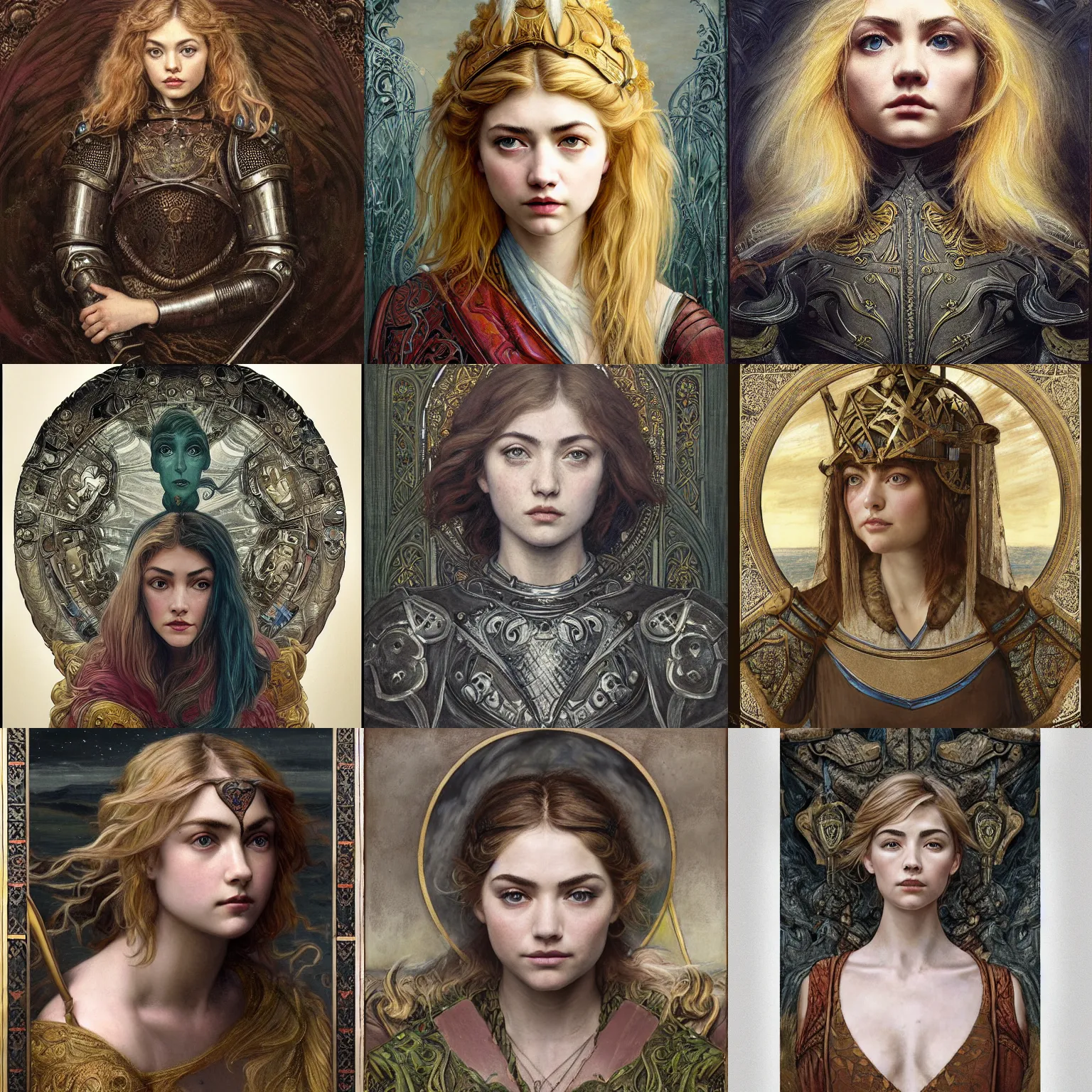 Prompt: masterpiece head-on symmetrical centered portrait, Imogen Poots and Elisha Cuthbert as a D&D paladin, wearing steel plate armour over chest, blonde hair, masterpiece art nouveau background, elegant, Pre raphaelite art style, in the style of Edgar Maxence and Ross Tran and Zdzisław Beksiński and Gustave Doré and H.R. Giger and Mucha, specular highlights, 8k, octane render