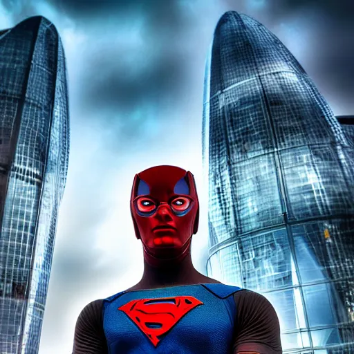 Image similar to portrait of a futuristic superhero, London behind him, hd, 4k realistic, award winning photo