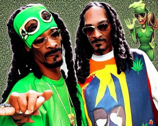 Prompt: snoop dog as a weed superhero that saves the day with a girl by his side