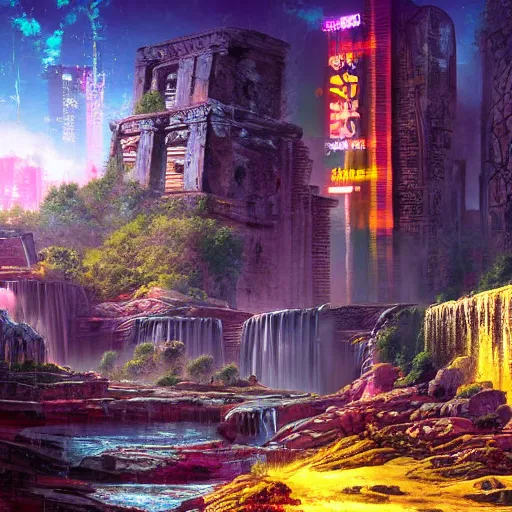 Image similar to ancient ruins and waterfalls, retrowave art, cyberpunk, trending on art station