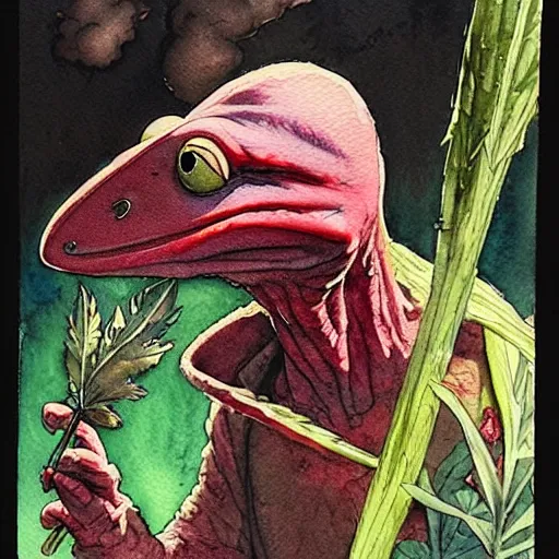 Image similar to a realistic and atmospheric watercolour fantasy character concept art portrait of kermit with red eyes smoking a huge blunt looking at the camera with a pot leaf nearby by rebecca guay, michael kaluta, charles vess and jean moebius giraud