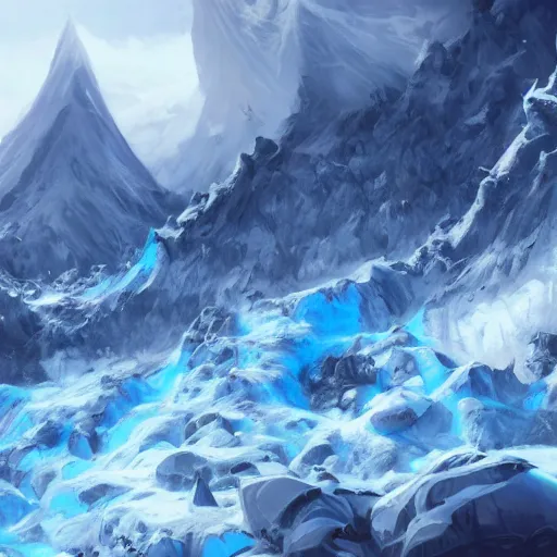 Image similar to blue glacier volcano eruption, blue glacier volcano eruption, blue liquid and snow, snow army war, war armies under the mountain, ice cold blue theme, bright masterpiece artstation. 8 k, sharp high quality artwork in style of jose daniel cabrera pena and greg rutkowski, concept art by tooth wu, blizzard warcraft artwork, hearthstone card game artwork