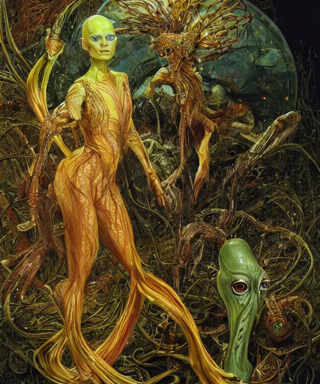 Prompt: a portrait photograph of a fierce bald sadie sink as a strong alien harpy queen with amphibian skin. she trying on a glowing and fiery lace shiny metal slimy organic membrane parasite collar and transforming into an evil insectoid snake bird. by donato giancola, walton ford, ernst haeckel, peter mohrbacher, hr giger. 8 k, cgsociety