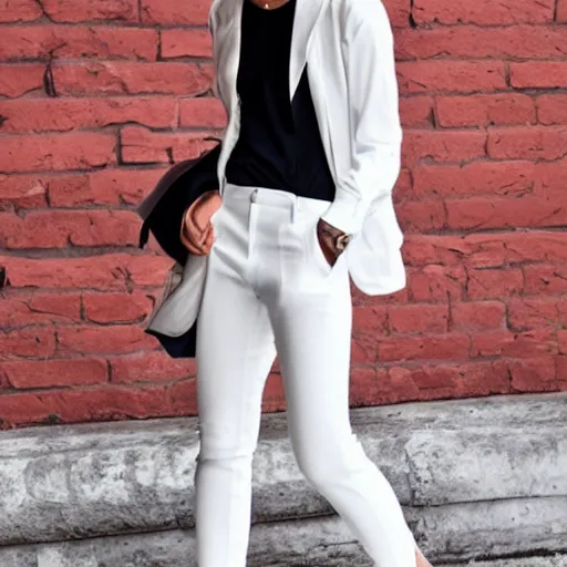 Image similar to person wearing off white shirt and different color pants combo stylish, hd, full body