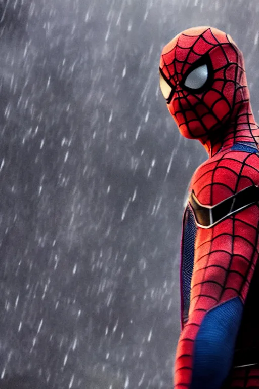 Image similar to cinematic of liam neeson as spiderman, dramatic rain, 8 k, moody lighting