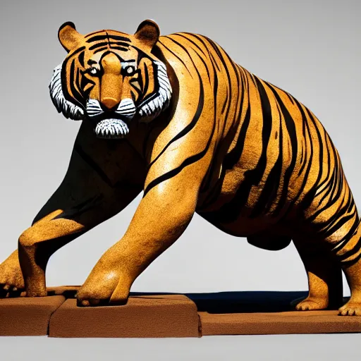 Image similar to a statue of a tiger [ made of [ clay ]!! ], [ 4 k photorealism ]!!, trending on unsplash, shot by jimmy nelson, irving penn, peter kemp, hans bellmer, and slim aarons