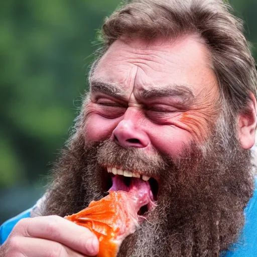 Image similar to close up shot of brian blessed swallowing a fish whole. photography, photographic