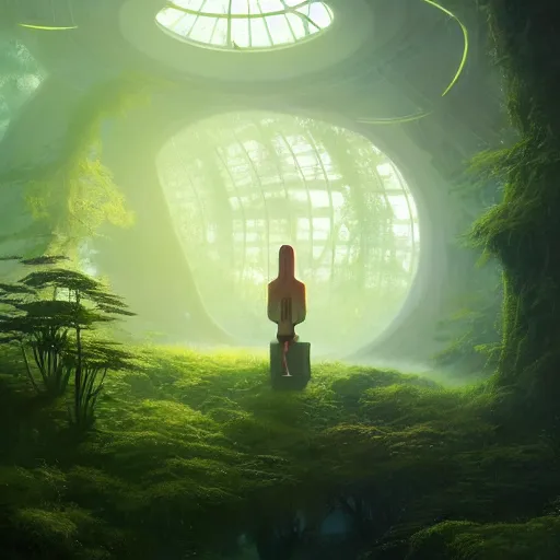 Image similar to , teenager in sci - fi forest green house, spaceship,, stephen bliss, misty, unreal engine, pixar, fantasy art by greg rutkowski, loish, ferdinand knab, and lois van rossdraws, global illumination, radiant light, minimalist, detailed and intricate environment