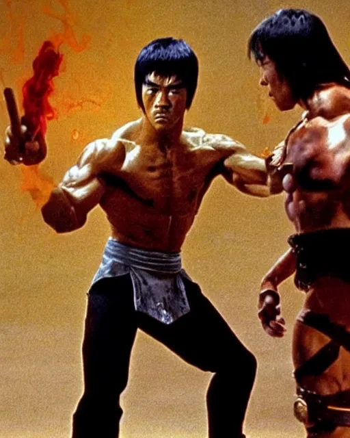 Image similar to on a mortal kombat video game battle stage, bruce lee stands off against arnold schwarzenegger dressed as conan the barbarian
