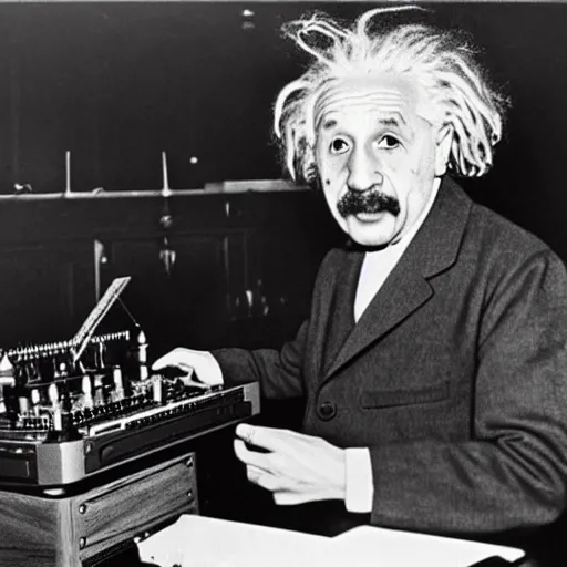 Image similar to photo of Albert Einstein DJing a phonograph, vintage