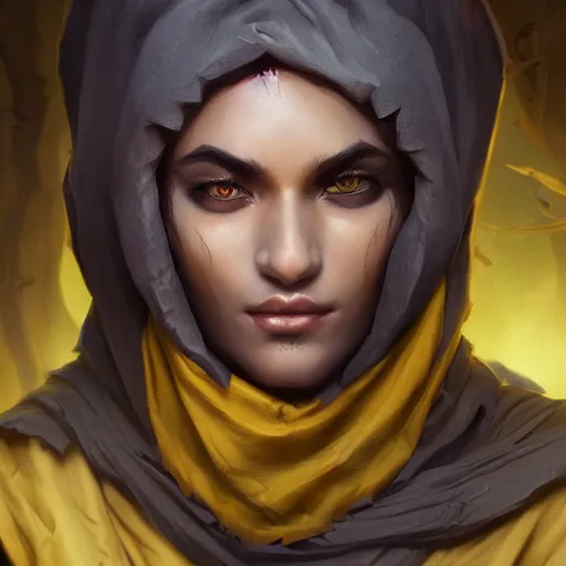 Image similar to portrait of young wild arabian nomad half werewolf, with yellow cloths, league of legends splash art, hearthstone splash art, full body shot, rule of thirds, ultrafine hyperrealistic detailed face, artgerm, greg rutkowski, trending on artstation, 8 k, intricately detailed, highly detailed