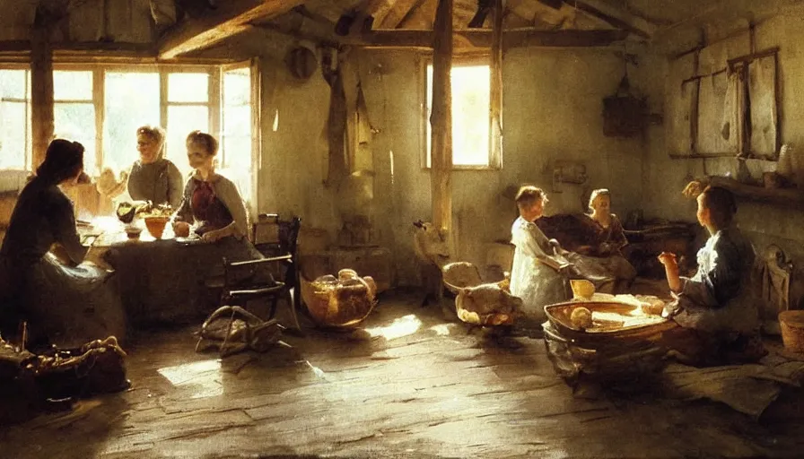 Image similar to simple villager family about to eat a meal together in their beautiful simple cottage home, art by anders zorn, wonderful masterpiece by greg rutkowski, beautiful cinematic light, american romanticism thomas lawrence, greg rutkowski