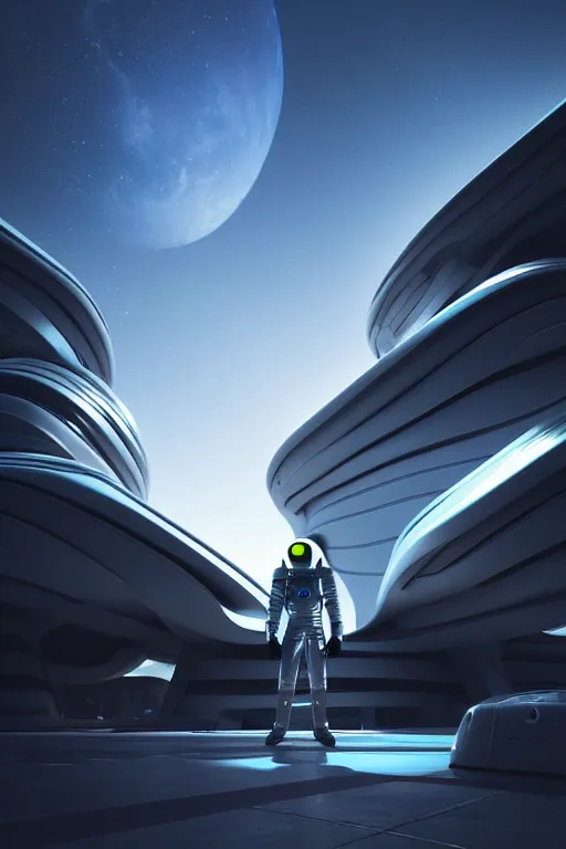 Prompt: a futuristic scene with an astronaut in front of a zaha hadid building in the style of chris moore, cinematic matte painting, extreme detail photo quality, dark moody colors, sunset, featured on behance