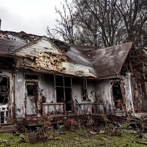 Image similar to a creepy, dilapidated house filled with mushrooms and the decaying bodies of warriors