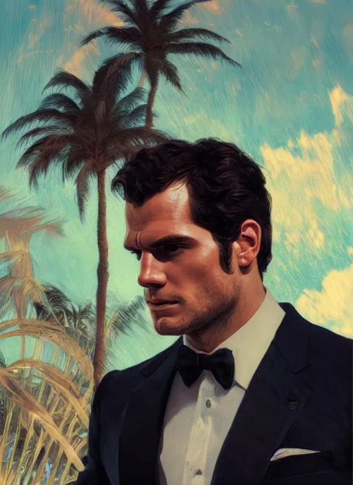 Image similar to portrait of henry cavill as james bond, key art, sprinting, palm trees, highly detailed, digital painting, artstation, concept art, cinematic lighting, sharp focus, illustration, by gaston bussiere alphonse mucha