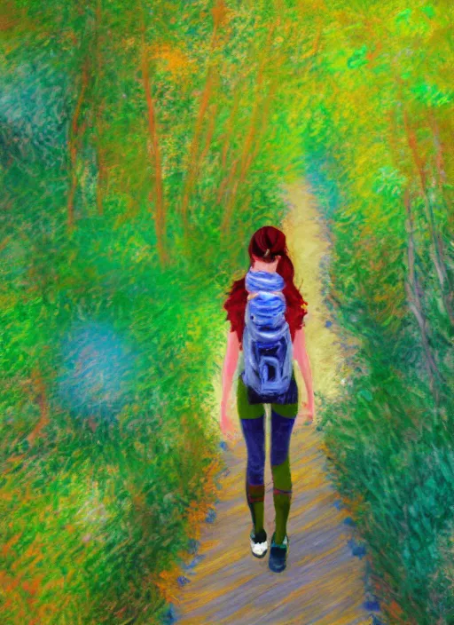 Image similar to an extremely cute girl hiking in a forest, very anime, trending artwork, 4 k, anime painter studio, an impressionist style by claude monet