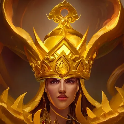 Image similar to a golden majestic crown with gemstone carved into it, floating crown, magic background, yellow magic theme, bright art masterpiece artstation. 8 k, sharp high quality artwork in style of jose daniel cabrera pena and greg rutkowski, concept art by tooth wu, blizzard warcraft artwork, hearthstone card game artwork, the crown