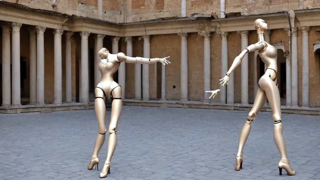 Image similar to a hajime sorayama sculpture of a svelte robotic ballerina on display in a roman courtyard.