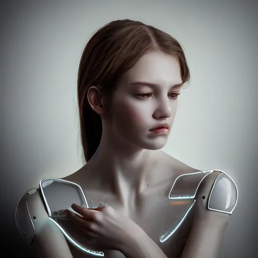 Image similar to beautiful centered fine art photo portrait of sleepy beautiful girl as a solarpunk robotic humanoid, real human face, white mechanical parts with led lights, photorealistic, white background, highly detailed and intricate, soft box lighting, hdr 8 k