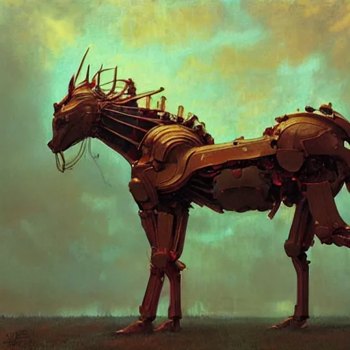 Image similar to carnivorous cyborg horse, by c. leyendecker, degas, simon stalenhag, studio ghibli, barlowe, audobon and beksinski