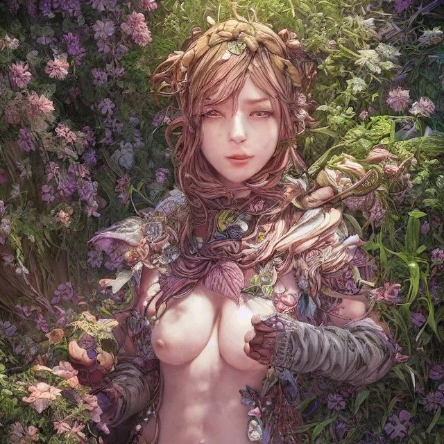 Image similar to the portrait of chaotic good female druid botanist as absurdly beautiful, gorgeous, elegant, young gravure idol, an ultrafine hyperdetailed illustration by kim jung gi, irakli nadar, intricate linework, sharp focus, bright colors, octopath traveler, final fantasy, unreal engine 5 highly rendered, global illumination, radiant light, detailed and intricate environment