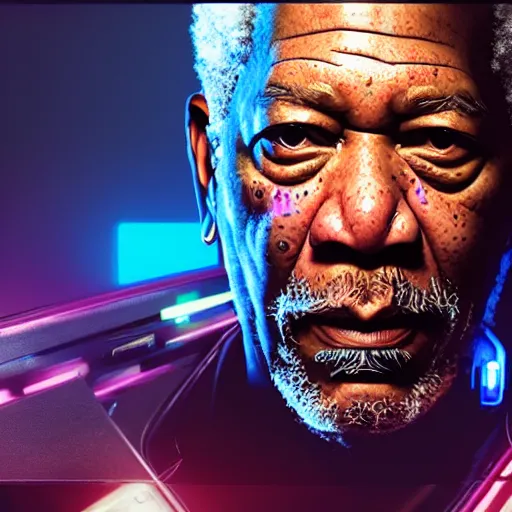 Image similar to morgan freeman portrait, cyberpunk 2 0 7 7, cyberpsycho, photorealistic, ultra detailed, neon, octane, bokeh, cyber, cyberpunk city, feature, scars, cyberface, 8 k