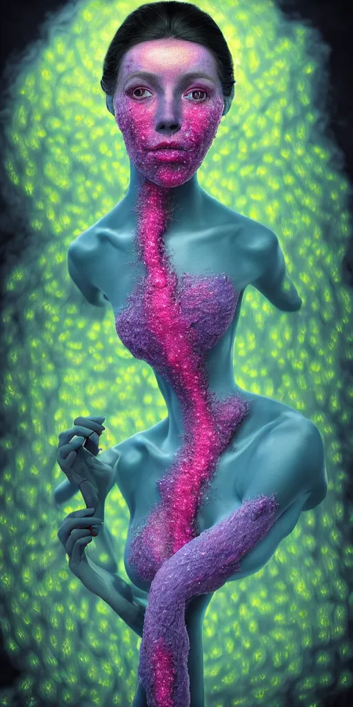 Prompt: hyper detailed 3d render like a Oil painting - portrait sculpt of Aurora (Singer) seen in mascara Lips on the Strangling network of yellowcake aerochrome and milky Fruit that covers her body wearing a 1950s dress and Her delicate Hands hold of gossamer polyp blossoms bring iridescent fungal flowers whose spores black the foolish stars by Jacek Yerka, Mariusz Lewandowski, Houdini algorithmic generative render, Abstract brush strokes, Masterpiece, Edward Hopper and James Gilleard, Zdzislaw Beksinski, Mark Ryden, Wolfgang Lettl, hints of Yayoi Kasuma, octane render, 8k