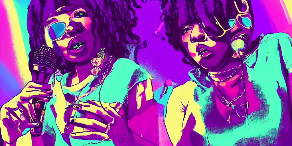 Prompt: black female rapper holds microphone straight out, digital art, vapor wave, hip hop, psychedelic, surreal, trending on Artstation, professional artist, detailed, 4k