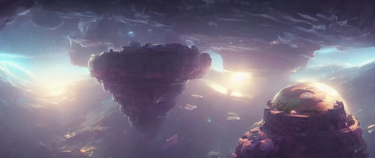 Image similar to floating islands in space, void concept art, low angle, cinematic, style of Jordan grimmer