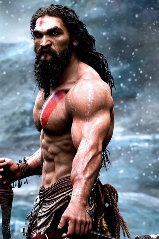 Image similar to film still from god of war, a highly detailed beautiful closeup photo of jason momoa!!!! kratos with long! windblown! wet hair! holding a sword and fighting zombies on a pile of human skulls, spartan warrior, olympian god, muscular!!!, masculine confident pose, ambient lighting, volumetric lighting, octane, fantasy