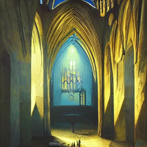 Prompt: detailed painting of interior room with celestial ephemeral ornaments and gothic architecture and blue hammock at far end, artstation, beksinski, cinematic