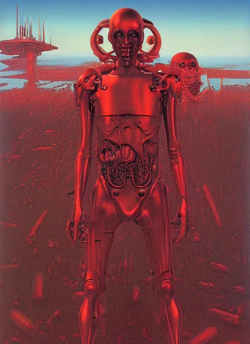 Image similar to hyper realistic end of the world by zdzisław beksinski and norman rockwell and greg rutkowskiweta studio, a red cyborg samurai, tokio futuristic in background, and lucasfilm, realm of the ovarian machine, horror art, blue and red hour