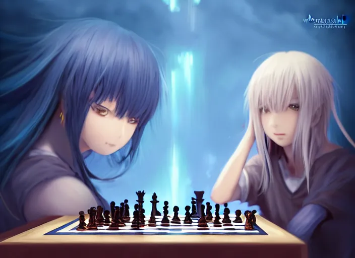 Image similar to rimuru playing chess, with gold eyes, straight hair, sky blue hair, long bangs, high collar, concept art, award winning photography, digital painting, cinematic, by wlop, anime key visual, wlop, 8 k, by ross tran, tom bagshaw, andy warhol