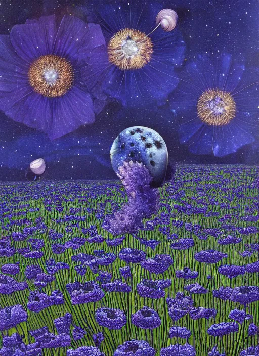 Image similar to detailed, intricate blue black and purple papaverum flower on the field, nebula, galaxy in the sky, winning award masterpiece, fantastically beautiful, illustration, aestheticly inspired, jacek yerka, upscale with anguissola sofonisba work, artstation, 8 k