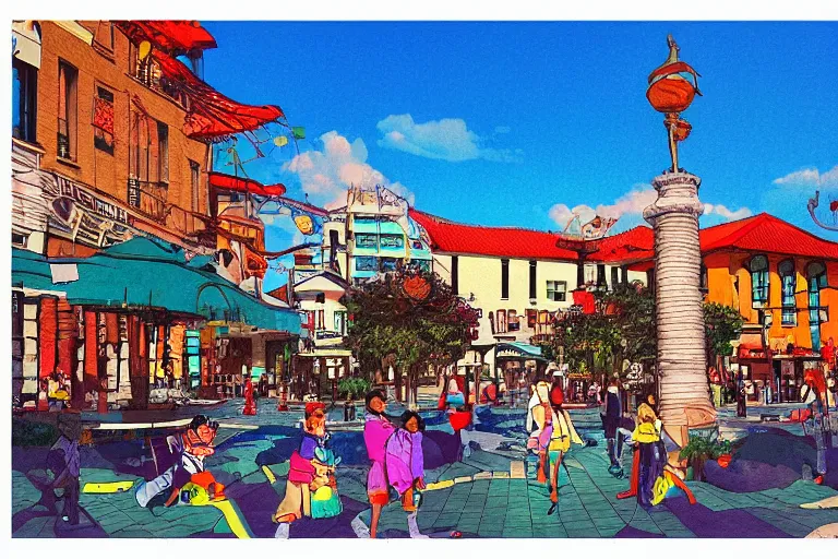 Prompt: townsquare in a sunny day, artwork by tooth wu, colorful high contrast, very coherent, dark shadow, thick lineart