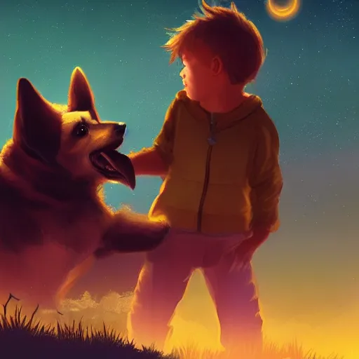 Prompt: a kid and a dog staring at the stars, digital art, artstation, 4k