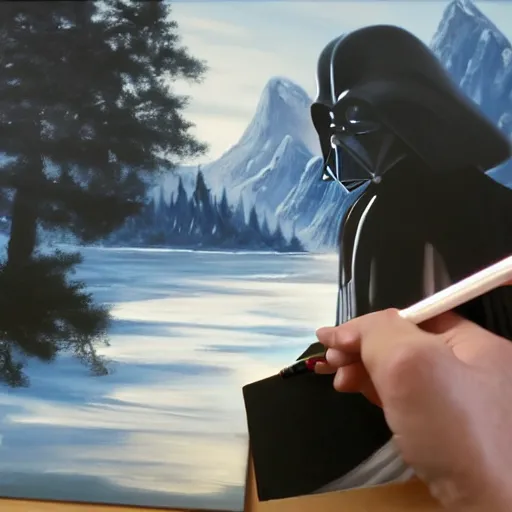 Image similar to a closeup photorealistic photograph of bob ross working on a canvas painting of darth vader. film still. brightly lit scene. mountains and trees. this 4 k hd image is trending on artstation, featured on behance, well - rendered, extra crisp, features intricate detail, epic composition and the style of unreal engine.