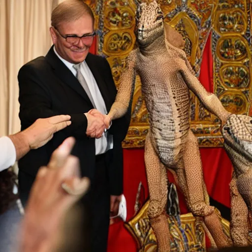 Image similar to A lizard person shaking hands with a religious icon