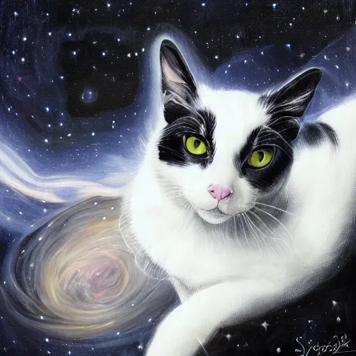 Image similar to a painting of a black and white cat in a cosmic scenic environment by steve argyle, hyperdetailed, beautiful, stars, planets, nebula, trending on artstation