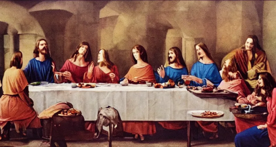 Prompt: 1 9 6 0 s women at the last supper, colorized